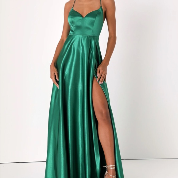 Lulus Emerald Green Satin A-Line Backless Maxi Dress - Picture 1 of 4